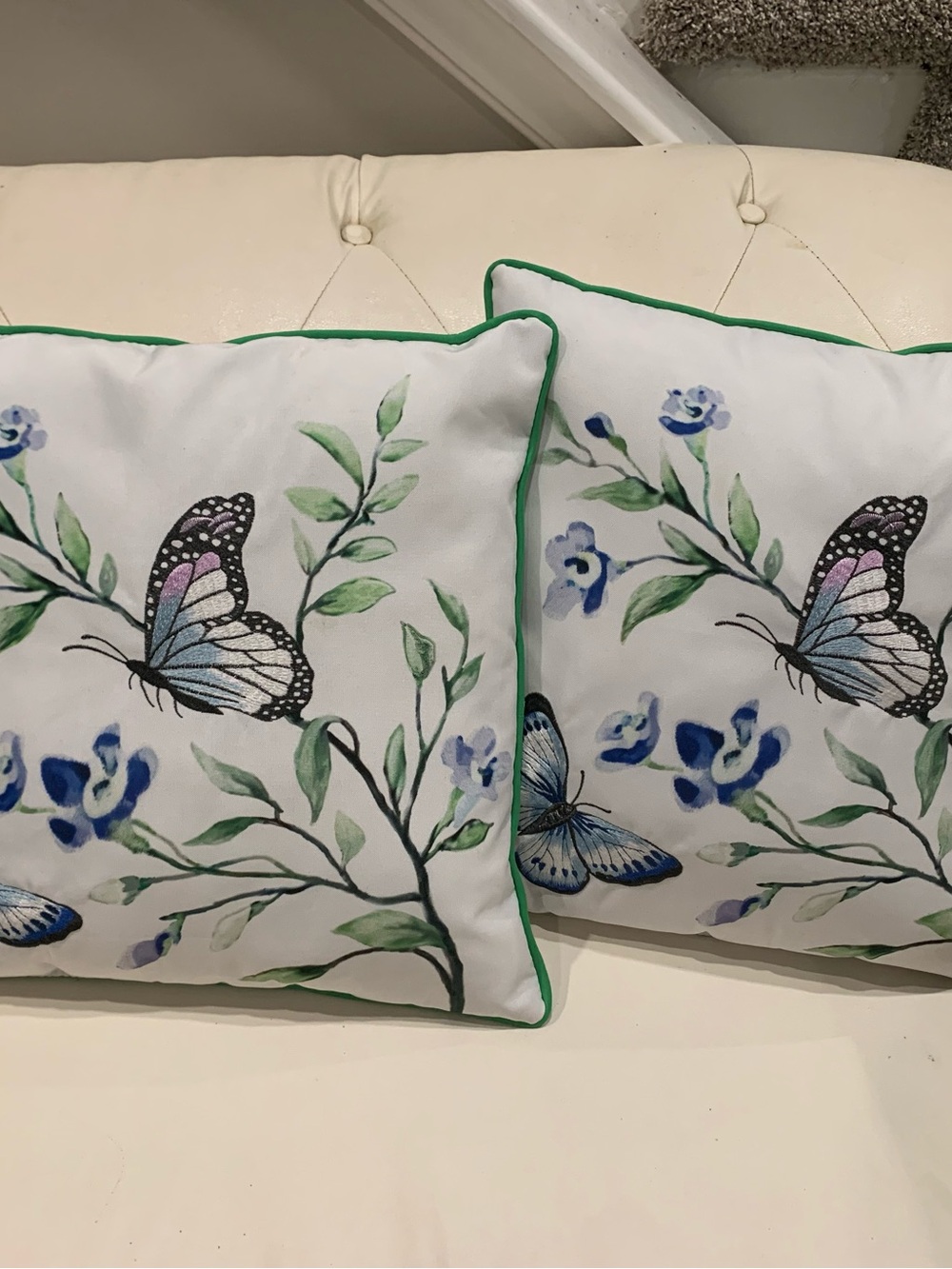 Botanical Butterfly Decorative Throw Pillow - White with Green Trim